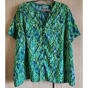 Catherines Women's Blouse Size 3X Petite Plus Blue Green Flattering Button-Up